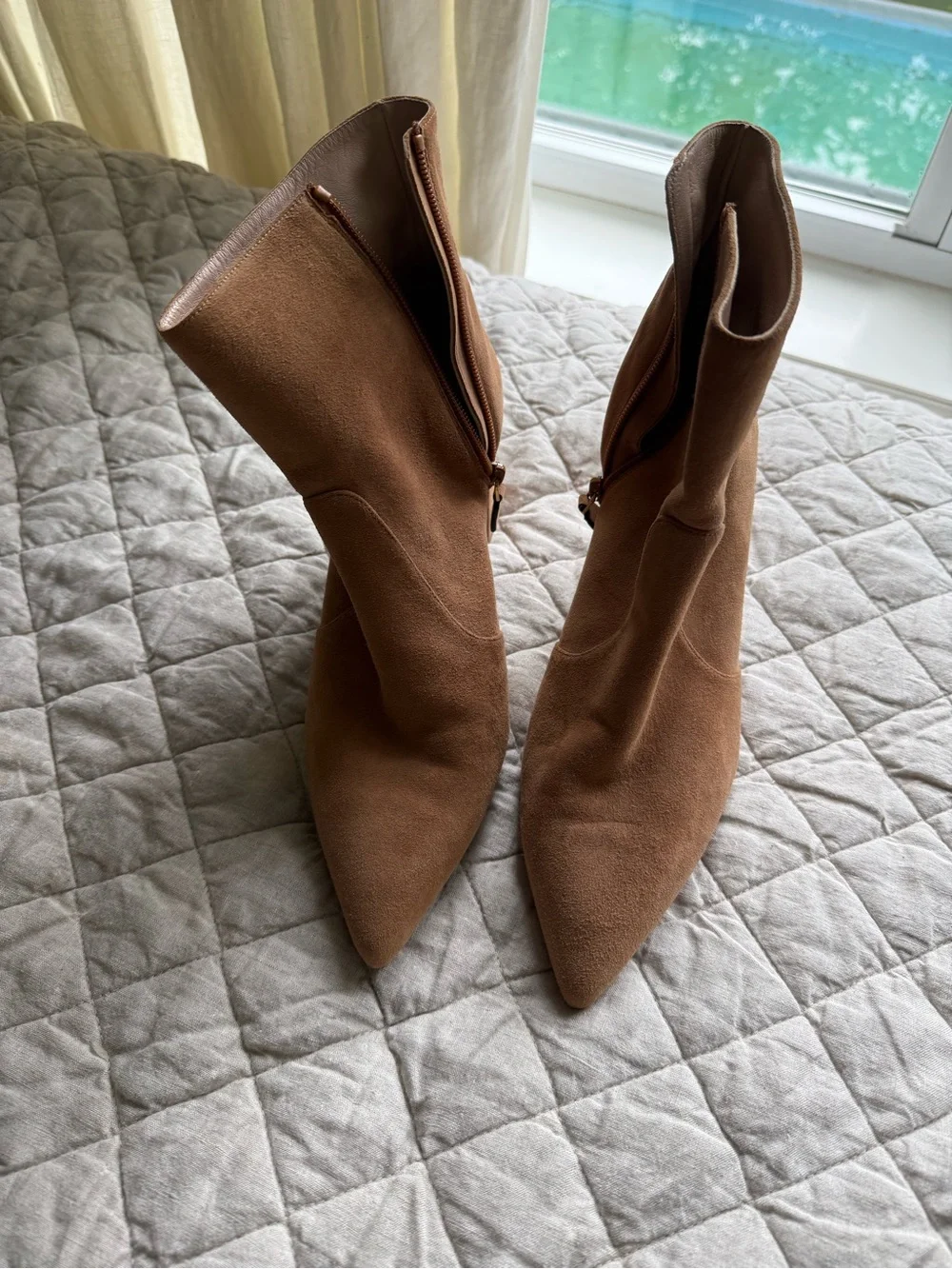 Stuart Weitzman Suede Pointed Toe Ankle Boots in Camel